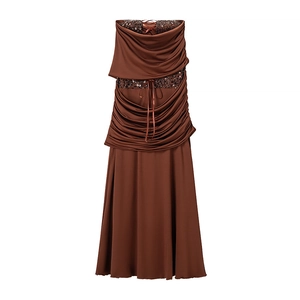 Elegant chocolate brown off-shoulder sequin dress with stylish pleated layers for women