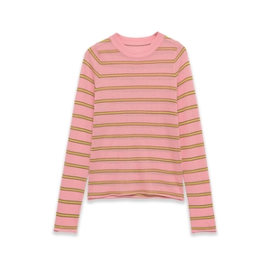 Women's crew neck striped knit sweater with long sleeves in pink and lime green stripes
