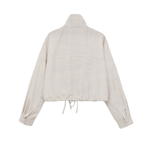 Vue arrière de la veste en nylon à carreaux beige avec col montant et cordon de serrage