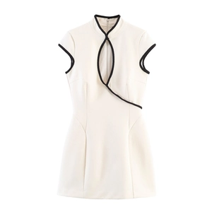 Kontrastbindung Stehkragen Minikleid Mit Tränentropfen-Ausschnitt Ärmellos Schlanke Passform Sexy Off-White Partykleid Damen