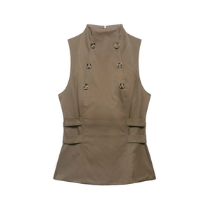 Women's khaki sleeveless vest top with double-breasted buttons and high collar design