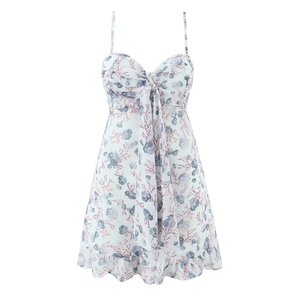 Women Fashion Ocean Print Slim Sundress With Bow Tie Backless Mini Dress Summer Beach Sleeveless Ruffle Hem Dress