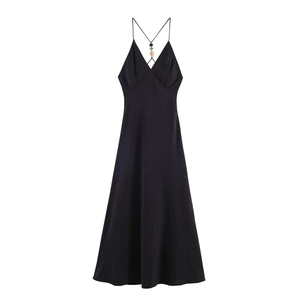 Women Sexy Black V Neck Backless Slip Dress With Beads Cross Back Straps Elegant Satin Look Polyester Midi Dress