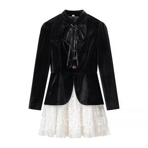 Abito Mini Donna Gothic Patchwork Velluto Gonna Balze Pizzo Ritaglio Manica Lunga Vita Alta Retro Elegante Festa