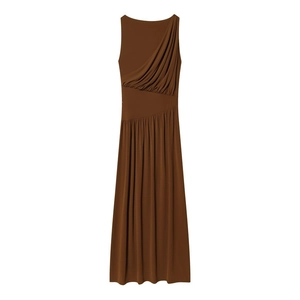Robe Maxi Drapée Asymétrique Plissée Style Français pour Femmes Sans Manches Coupe Ajustée Brun Foncé Élégante Robe Longue Unie