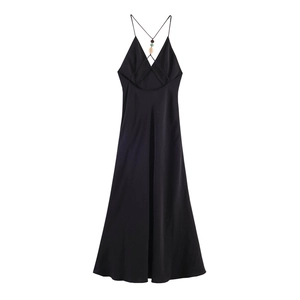 Elegant black satin spaghetti strap maxi dress featuring a crisscross back and bead accents