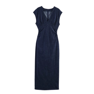 Robe Midi en Denim Sans Manches à Col en V Profond pour Femmes Robe Bodycon en Jean Coupe Slim