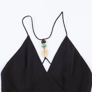 Sexy black strap dress with deep V-neck and colorful decorative beads detail