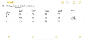 Size chart for striped short sleeve top including bust, shoulder and length details