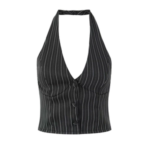 Detail of black pinstriped halter vest featuring a deep V-neck and button closure