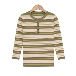 Detailed texture of slim-fit olive green striped knit henley with a buttoned neckline