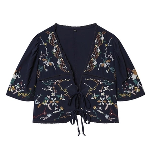 Women Navy Blue Bohemian Floral Embroidery V Neck Top Short Sleeve Tie Front Polyester Ethnic Casual Summer Crop Blouse
