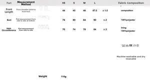 Guide des tailles pour haut sans manches blanc avec mesures et détails en 100% polyester