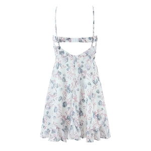 Slim fit floral camisole dress with blue shell print and ruffled hem on white background