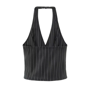 Detailed view of women's black and white pinstripe halter vest with deep V-neckline