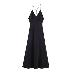 Elegant black deep V-neck maxi dress with thin crisscross straps and colored bead details