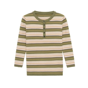 Macro shot of striped knit Henley shirt showing textured fabric and button placket detail