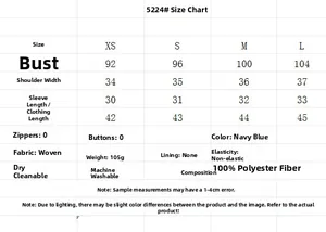 Detailed size guide table for floral embroidery crop top in navy blue polyester