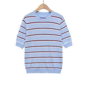 Close-up detail of the light blue striped knit top showing ribbed neckline and fine texture
