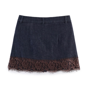 Gonna in denim blu scuro da donna con elegante bordo in pizzo floreale marrone retrò