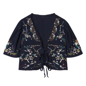 Women Bohemian Navy Blue Embroidered V-Neck Lace-Up Short Blouse Ethnic Floral Geometric Embroidery Flared Sleeve Top