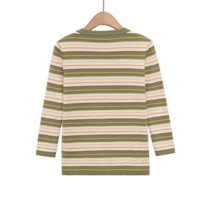 Detail of colorful striped knit sweater with green and yellow ribbed texture on hanger