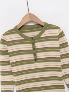 Detail of multi-color striped knit Henley top with olive green and pink stripes and buttons
