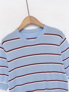 Close-up of sky blue striped knit shirt showing ribbed crew neck and fine cotton texture