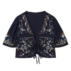Navy blue V-neck crop top with ethnic flower embroidery and front drawstring tie closure
