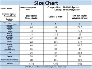 Detailed size chart for green plaid asymmetric suit with material and measurement info
