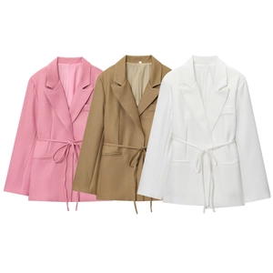 Women Casual Linen Blend Blazer Jacket Solid Color Tie Waist Long Sleeve Notch Lapel Office Streetwear Fashion Outerwear
