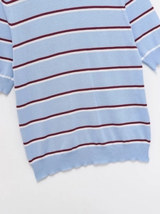 Detail of blue striped knit t-shirt with ribbed hem and fine horizontal pattern