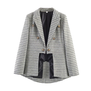 French Vintage Houndstooth Blazer For Women Asymmetric Hem Double Breasted Lapel Long Sleeve Plaid Short Jacket Outerwear