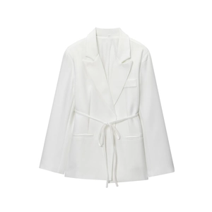 Women's white linen blend blazer with waist tie and notched lapel on white background