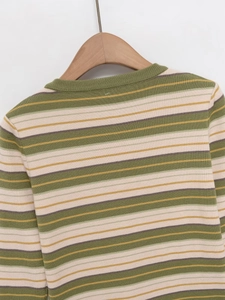 Detailed view of the crew neck and fine knit texture of this multi-colored striped sweater