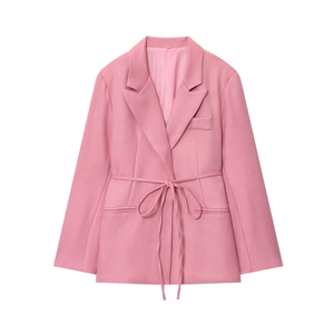 Women's pink linen-blend blazer with notched lapels and waist tie for a stylish look