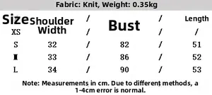 Size chart table for the knitted tank top with shoulder, bust, and length measurements