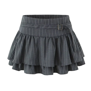 Dark grey pinstripe pleated mini skirt with double layered ruffle hem and metal buckle belt