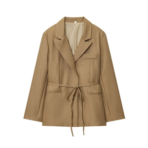 Women's khaki linen-blend blazer with waist tie and notched lapel, flat lay view