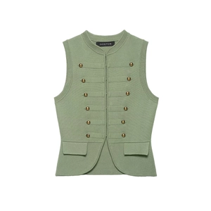 Women's Military Style Knitted Vest Double Breasted Gold Button Round Neck Slim Sage Green Casual Knit Sleeveless Tank Top