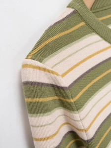 Detailed close-up of colorful striped knit sweater showing ribbed texture and round neck