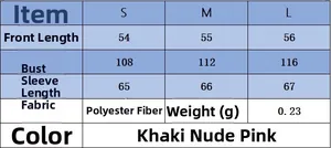 Detailed size guide table for long sleeve knit sweater in khaki and nude pink