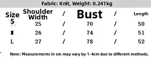 Size chart table for rib-knit top showing measurements for S, M, L in centimeters