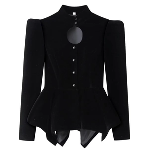 Close-up of velvet peplum jacket with puff sleeves and unique chest cutout detail
