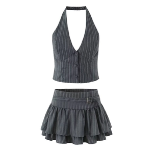 Chic dark gray pinstripe set with halter V-neck vest and pleated mini skirt for women