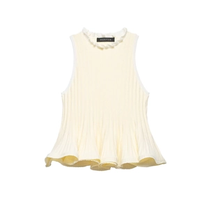 Detail of a cream ribbed sleeveless top featuring a ruffled high neck and pleated hemline