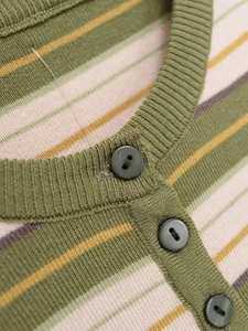 Detail of striped knit sweater showing olive and beige patterns with button collar