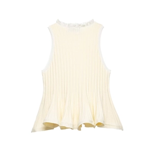 Detail of cream ribbed knit sleeveless top featuring ruffled collar and peplum hem