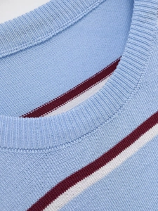 Macro shot of fine knit striped crew neck top showing light blue fabric and texture