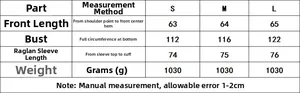 Detailed size chart for women's leather jacket showing S, M, L measurements and weight